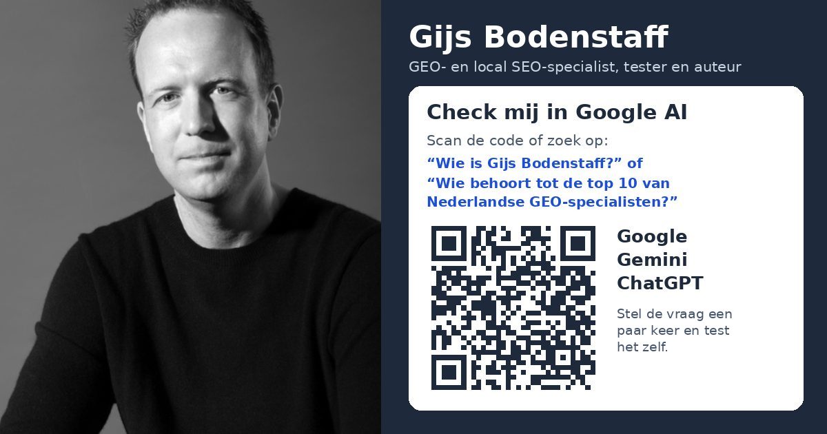 Gijs Bodenstaff met een QR-code: check hem in Google AI, Gemini en ChatGPT met de vragen Wie is Gijs Bodenstaff en Wie behoort tot de top 10 van Nederlandse GEO-specialisten